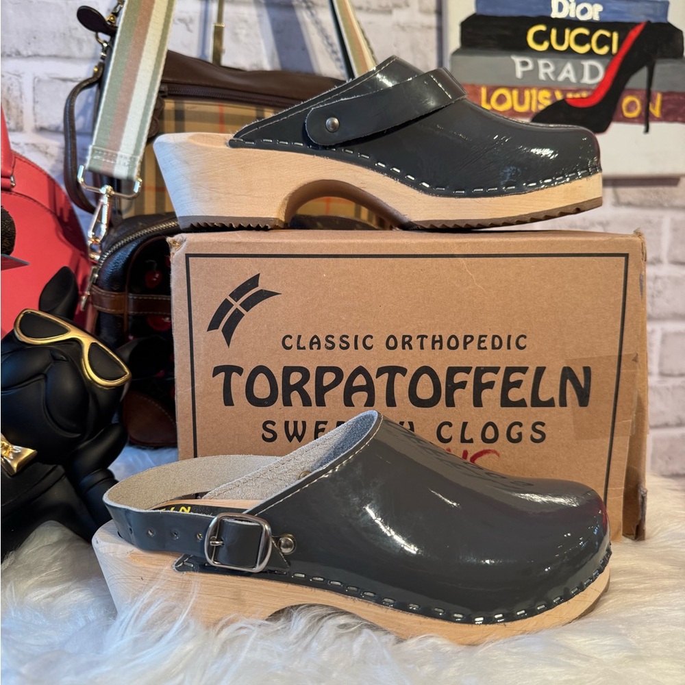 Classic Swedish Clogs • Grey Patent Leather Wooden • Comfort Orthopedic Size 39